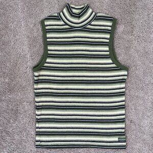 Unionbay Mockneck Tank Womens M Green Striped 90s Mod Vintage Made in USA Retro